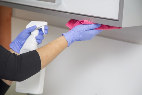 Professional cleaner disinfecting shared touchpoints